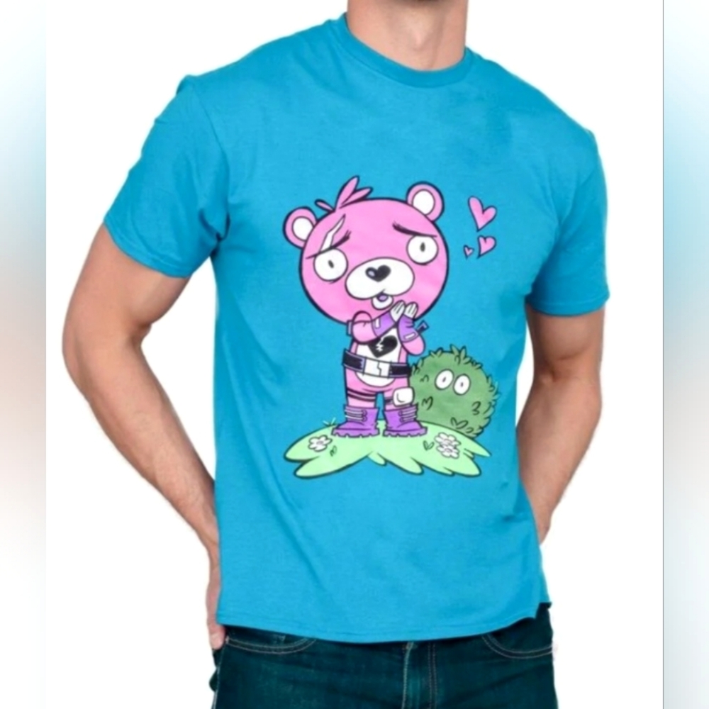 Fortnite Cuddle Team Love Bear Adult T-shirt Tee Short Sleeves Turquoise Size L